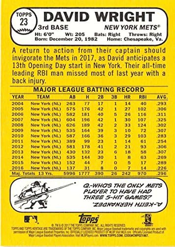 2017 Topps Örökség 23 David Wright New York Mets Baseball Kártya
