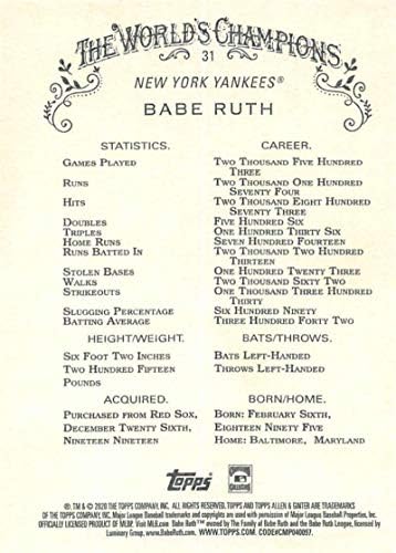 2020 Allen Ginter 31 Babe Ruth NM-MT New York Yankees Baseball