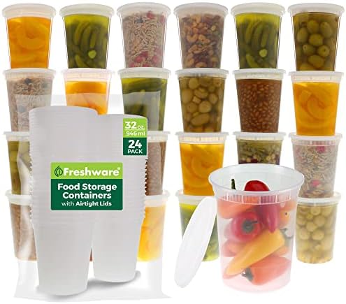 Freshware Élelmiszer-Tároló Tartályok [24 Set] 32 oz Műanyag Deli Konténerek szemhéjakkal, Iszap, Leves, Étel elkészítése