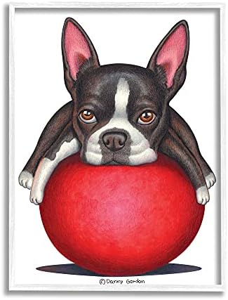Stupell Iparágak Boston Terrier Nagy Piros Labda, Kisállat, Kutya, Illusztráció, Design by Danny Gordan Fehér Keretes Wall