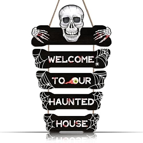 LHIUEM Halloween Dekoráció,Csontváz Üdvözöljük A Ház Fából készült Párt függő Art(12.5X22inch) Kísérteties Koponya, Vér Kezét