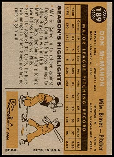 1960 Topps 189 Ne McMahon Milwaukee Bátrabbak (Baseball Kártya) NM Bátrabbak