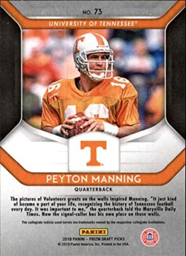 2019 Prizm Tervezet Felveszi a Foci 73 Peyton Manning Tennessee Önkéntesek Hivatalos NCAA Kereskedelmi Kártyát A Panini