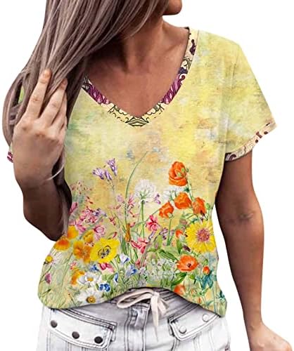 Seaintheson Női Aranyos Virág Grafikus Laza Pólók Ingek Női Laza Alkalmi V Nyakú Rövid Ujjú Női Pólók Nyomtatása