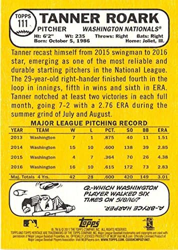 2017 Topps Örökség 111 Tanner Roark Washington Nationals Baseball Kártya